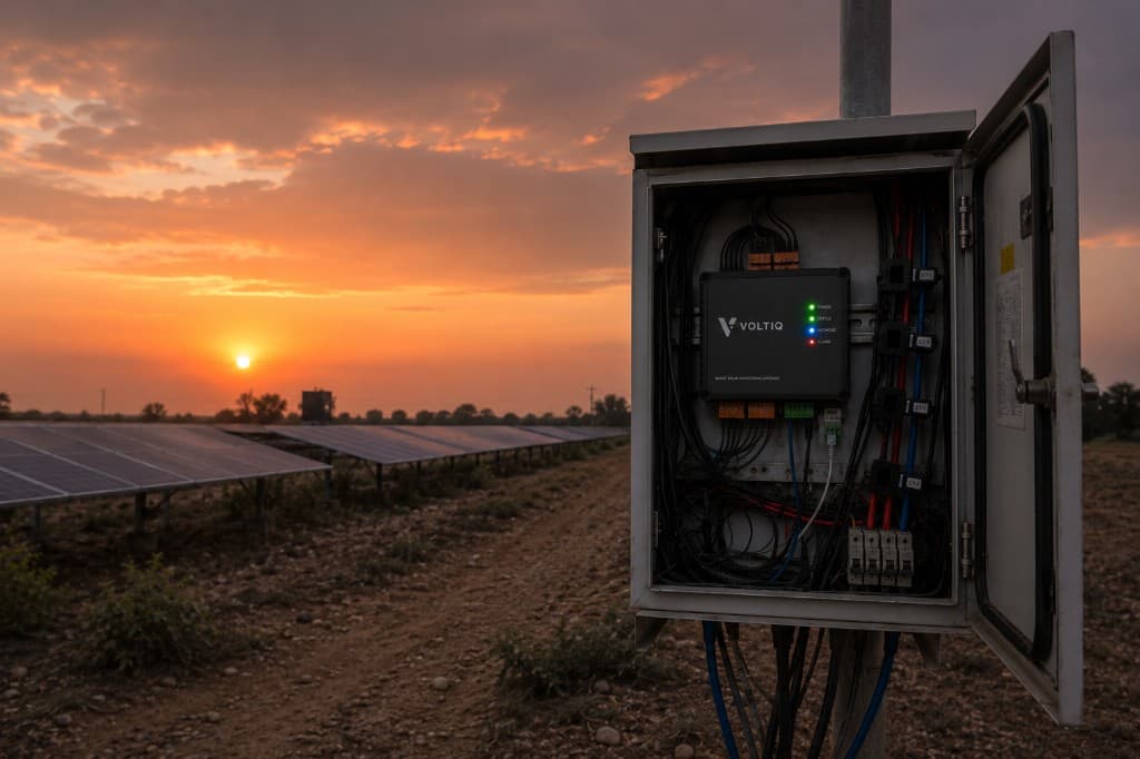 Voltiq monitoring gateway at a solar plant during sunset